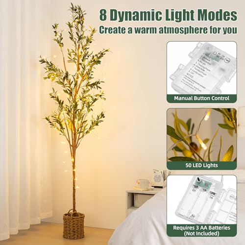 7ft Artificial Olive Tree with LED Fairy Lights & Woven Planter - Lifelike Faux Silk Plant with Realistic Leaves & Fruits and Natural Trunk for Indoor Home Office Living Room Bedroom Foyer Decor - size: 6ft 11in