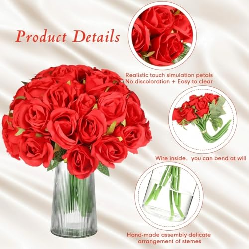 Hoteam 72 Heads Artificial Red Rose Flowers 6 Bouquet Wedding Decoration Faux Flower Arrangement Bouquet with Stem Bridal Shower Gift Floral Centerpiece for Tables - color: Red