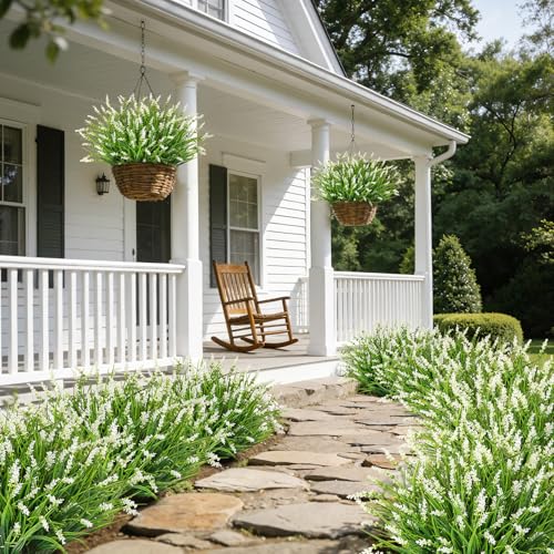 24 Bundles Artificial Plants Flowers Outdoor, Faux Lavender Flowers Fake Monkey Grass UV Resistant Plastic Plant for Porch Garden Patio Window Home Decor, White - color: White