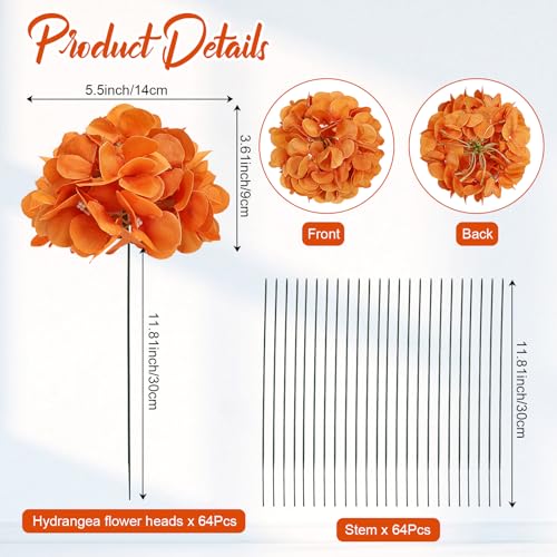 Orange Hydrangea Artificial Flowers Bulk with Stems 64 Pcs | Faux Silk Hydrangeas Flower Heads with Stems for Wedding Arch Table Centerpieces Home Garden Baby Shower Party Decoration - color: Orange