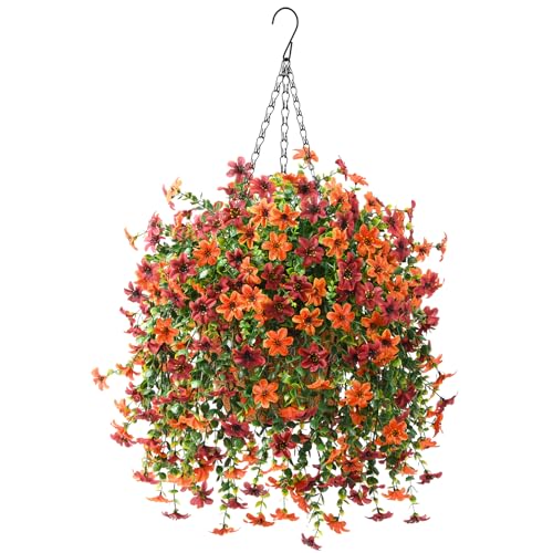 Artificial Faux Hanging Flowers Plants Basket for Outdoor Outside Spring Summer Decoration,Fake Silk Daisy in Planter Realistic UV Resistant for Home Porch Balcony Patio Yard Decor（Orange Brown) - color: Orange Brown