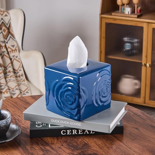 Deep Blue Ceramic Cube Tissue Box Cover with Rose – Large Elegant Rose Floral Square Decorative Tissue Box Holder for Bathroom, Bedroom, Office Desk, Kitchen Counter – Perfect Housewarming Gift - color: Deep Blue