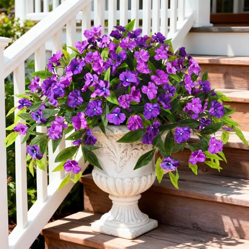 Hommyea Artificial Flowers for Outdoor, 2 Bundles UV Resistant Fake Plants Decoration Realistic Faux Silk Flowers No Fade Plastic Flowers for Outside Planters Home Porch Patio Yard Garden Decor - color: Double Purple