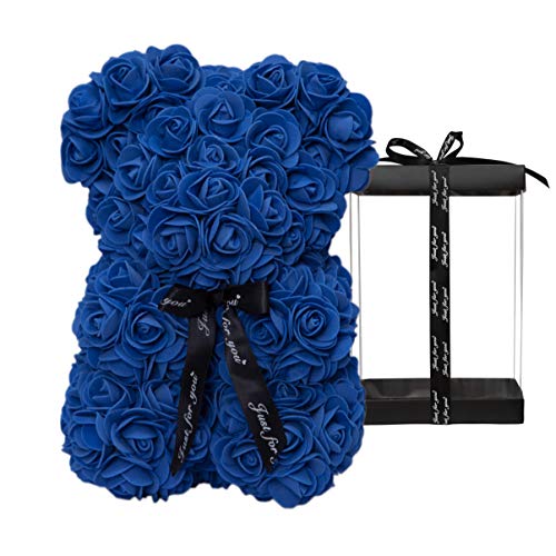 DuHouse Rose Bear Rose Teddy Bear Flower Gift Black Box for Valentines Gifts Anniversary Christmas,Birthdays Bridal Showers -Fully Handmade 10 inch Flower Bear Clear Gift Box (Royal Blue) - color: Royal Blue