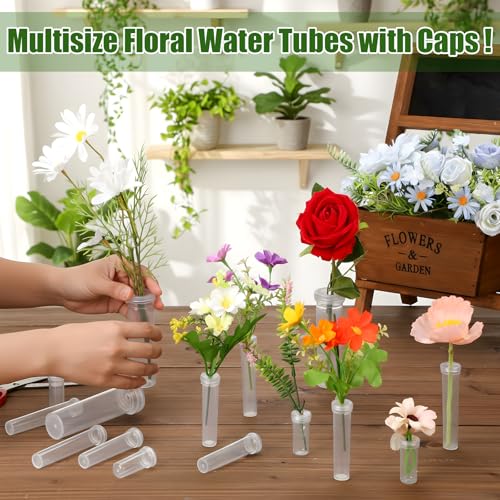 BrightRow 100 Pcs Flower Water Tubes with Caps Multisize Clear Plastic Floral Vials Holder for Single Stem Roses, Buds, Bouquets Fresh Flower Floral Picks Arrangement Centerpieces Decoration, 4 Size