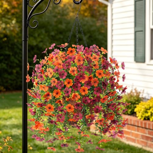 Ammyoo Artificial Hanging Flower with Basket for Fall Decor, Fake Mums Plants Uv Resistant Faux Silk Daisy Flowers No Fade for Outside Garden Porch Patio Autumn Decoration(Orange Brown) - color: Gyellow Brown