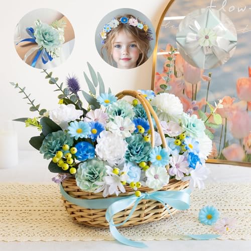 ATTGREAT 310 Pcs Fake Flower Heads Mini Artificial Flower Bulk Silk Flowers for Decoration Small Faux Flower Heads Fabric Daisy Buds Floral for Crafts DIY Wedding Party Baby Shower Home Decor, Blue - color: Blue