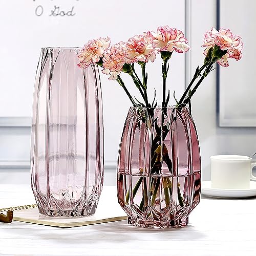 Lucky Bird Pink Glass Vase Modern Ribbed Vase for Flowers, Candles, and Decorative Accents - Tall/Short Vases for Centerpieces Home Table Decor(Purple Pink H8.0inch) - color: Pink, size: H-7.87inch