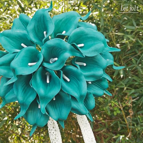 Letjolt Teal Calla Lily Artificial Flowers 20 Pieces Bouquet | Wedding Bouquet, Bride Shower Gift, Home Decoration, Faux Flowers - color: Teal Blue
