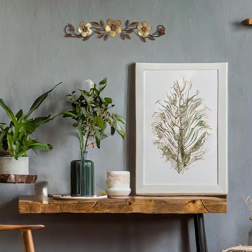 Wesiti Metal Flower Wall Decor Vintage Metal Flower Wrought Iron Scroll Sculpture 15.7''x3.7'' Not 3D, Flat Farmhouse Leaf Wall Decor with Nails for Summer Bedroom Kitchen Indoor Outdoor(Gold) - color: Gold