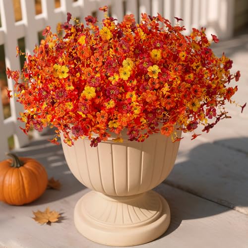 INXUGAO Artificial Fake Mums Fall Flowers for Outdoor Outside Decoration 12 Bundles Faux Silk Flowers Plants Realistic Daisy UV Resistant Fall Décor Autumn Front Door Porch Patio Yard Decoration - color: Y1-red Orange Sunset Yellow