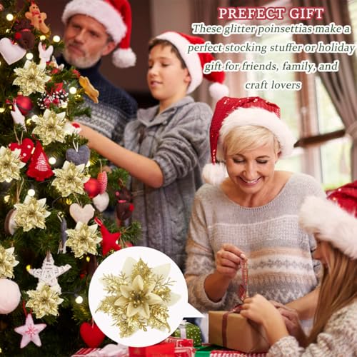 16Pcs Gold Poinsettia Flowers Artificial Christmas Flowers Decorations with Clips, Glitter Poinsettia Christmas Decorations for Xmas Tree Ornaments Winter Party Wreath Decor - size: 16PC Gold Poinsettia