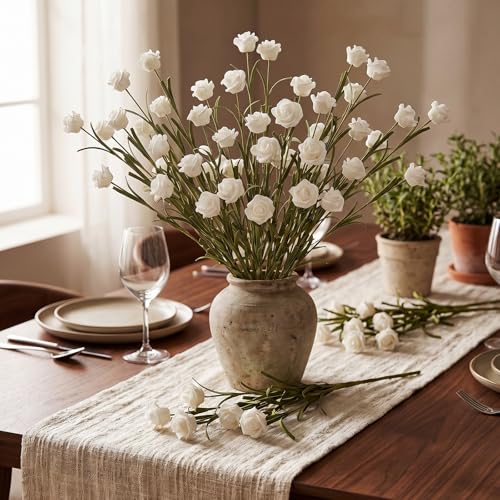 6 Pcs Mini White Rose Artificial Flower Bouquet Mini Fake Roses with Long Stem Realistic Foam Rose Bouquets for Bride Shower Wedding Party Table Centerpieces Home Decor Ation Gift for Women