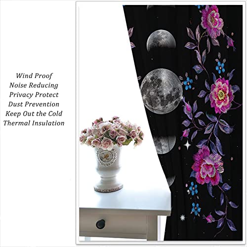 Boho Flower Blue butterfly Rod Pocket Blackout Curtains for Teen Bedroom,Moon Phase Moonlit Garden Witchy Gothic Aesthetic Energy Efficient Home Window Drapes for Living Room Noise Reducing,55x63in - color: Boho Flower Blue Butterfly-005, size: 55"W x 63"