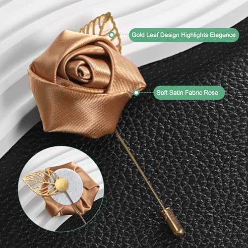 M METERXITY 12-Pack Flower Lapel Pins for Men, Golden Leaf Rose Boutonnieres Pin for Wedding/Dance/Party, Mens Lapel Pins for Suits Satin Flower Corsage Hat Pins [Champagne] - color: Champagne