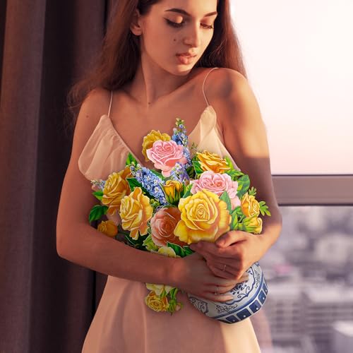 Airpark Pop Up Flower Bouquet Card for Women, 3D Floral Greeting Card with Envelope and Note, Birthday Thank You Thinking of You Get Well Gift for Mom Friend Wife Teacher, Yellow Rose - style: Yellow Roses