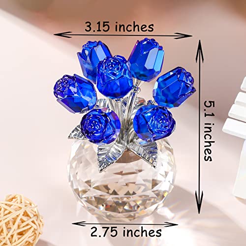 Blue Rose Flower Crystal Figurine with Vase, Bouquet Flowers Ornament Gifts for Wife Girlfriend Women , Handmade Crystal Flower Collectible Home Table Decor for Valentine's Day Wedding Anniversary - color: Blue-crystal Rose