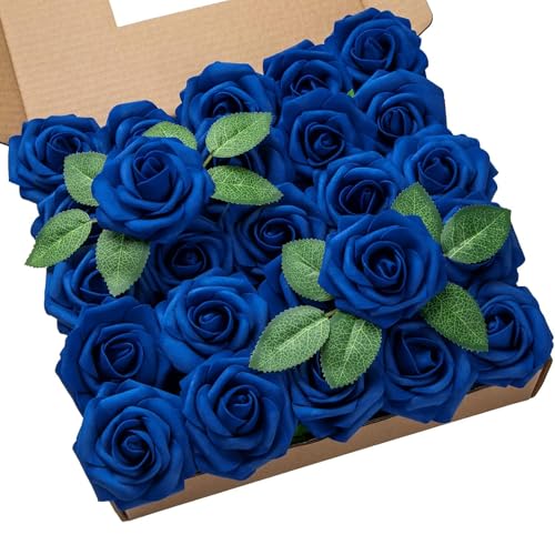 DuHouse 25Pcs Artificial Roses Flowers Fake Roses with Stems Real Touch Foam Flowers for DIY Wedding Bouquet Party Centerpiece Floral Arrangement Party Home Decor (Royal Blue-A) - color: Royal Blue-a, size: 25pcs