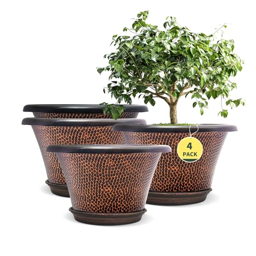 Quarut 12 Inch Pots for Plants,4 Pack Large Flower Pots with Drainage Hole & Saucer,Modern Planters for Indoor Outdoor Plants,Decorative Resin Garden Pots Brown - color: Diamond Pattern-brown, size: 12 inch-4 Pack