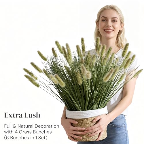 24 inches Extra Lush Artificial Reed Grass (6pcs), Luxury Fake Plants with 10 Heads Dogtail Flower, Luxury Faux Greenery with Dogtail for Garden Porch and Home Decor (Green-10) - color: Green-10, size: 24 inches