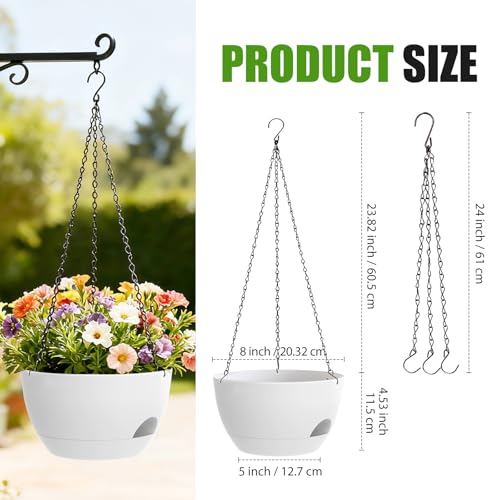8 Inch Hanging Planters for Indoor Outdoor Plants, 4 Pack White Plastic Self Watering Hanging Baskets with Drainage Holes and Chain for Garden Porch - color: White