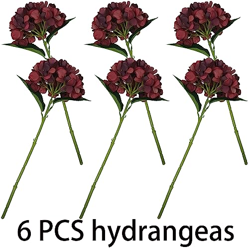 Red Hydrangea Artificial Flowers,6 Pcs Faux Hydrangea Flowers,Artificial Hydrangeas Flowers with Stems,Fake Hydrangeas,Red Silk Flowers with Stems for Home Decor (6, Dark red) - color: Dark Red