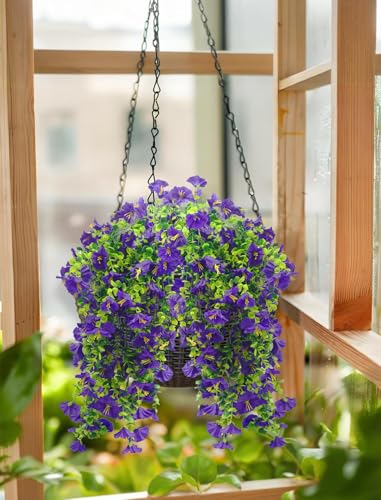 Musdoney 4PCS Artificial Hanging Flowers, Fake Hanging Plants Morning Glory Vines UV Resistant for Wall Home Room Garden Wedding Indoor Outdoor Spring Summer Decoration (Purple) - color: Purple