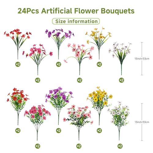 Alupssuc 24 Bundles Artificial Flowers for Outdoors Decoration, UV Resistant Silk Faux Daisy Flora Spring Fake Plastic Plants Greenery for Outside Indoor Yard Home Porch Window Box Decor, Mix 6 Colors - color: Red Rose Purple Yellow Pink White