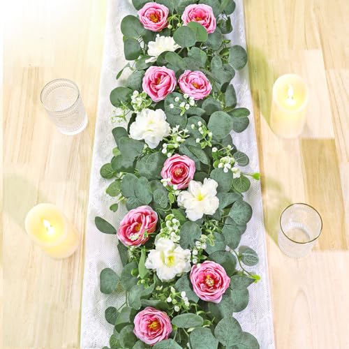 TOCHGREEN 2 Pack 13Ft Artificial Eucalyptus Flower Garland with Pink Roses White Flowers, Fake Rose Flower Greenery Garland Floral Vines for Wedding Home Party Table Runner Decor (White Pink, 2PCS) - color: White Pink, size: 2PCS