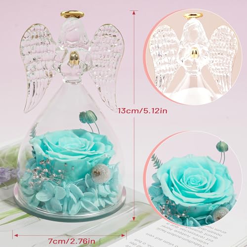 Miofula Gifts for Mom Birthday Gifts for Women, Preserved Flowers Rose in Glass Angel Figurines, Fresh Flowers for Delivery Anniversary Forever Real Roses Gifts for Mothers Grandma Her Wife Girlfriend - color: Sky Blue