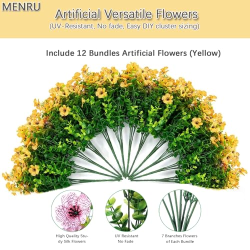 12 Bundles Artificial Flowers for Outdoor UV Resistant and Realistic, Faux Daisy Fake Flowers with Eucalyptus Leaves for Porch, Patio, Planter, Window Box, Home, Garden Decor - color: Yellow