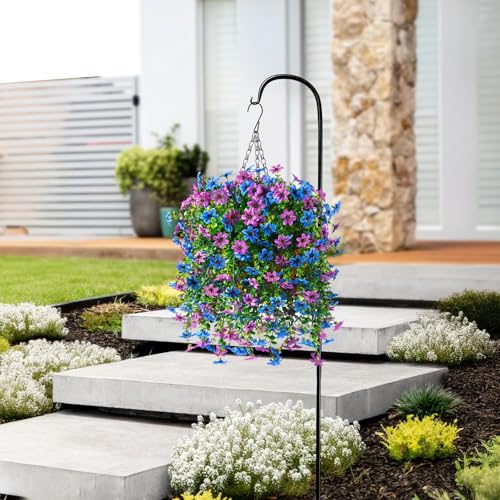 INQCMY Artificial Faux Hanging Flowers Plants Basket for Outdoor Outside Spring Decoration,UV Resistant Fake Silk Daisy in Planter Resistant Look Real for Home Porch Balcony Patio Yard Decor - color: Purple Blue