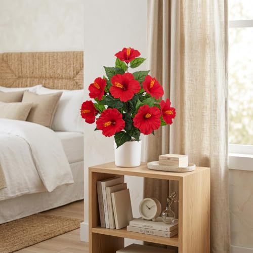 Briful Artificial Hibiscus Potted Plant 20.8” Tall, Realistic Silk Hibiscus Flowers Farmhouse Table Decor, Faux Tropical Flower Plant in Pot for Living Room Table, Entryway, Office, Home Decor, Red - color: 20.8'' Red
