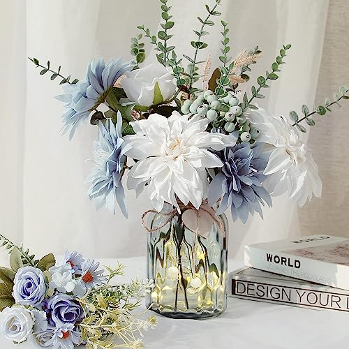 Fake Flowers with Vase, Silk Dusty Blue Rose Hydrangea Artificial Flowers in Vase Faux Dahlia Flowers Arrangement for Home Kitchen Living Room Summer Spring Decor Office Centerpiece Table Decorations - color: Sky Blue