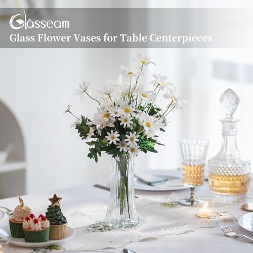 Glasseam Glass Vase for Home Decor: Clear Flower Vases for Living Room Kitchen Bathroom Wedding Table Centerpieces - 7.5" Tall Modern Vintage Decorations for Bouquet Pampas Grass Lego Flowers