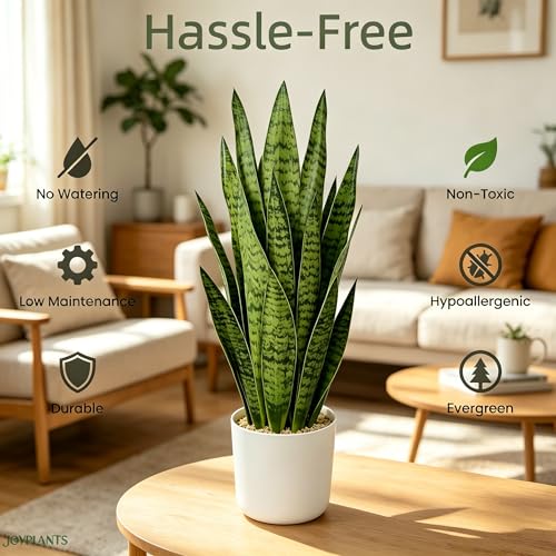 Fake Snake Plant, 27in Artificial Plant with White Pot Realistic Leaves, Low Maintenance Potted Plant for Indoor Decor, No Watering Needed, Perfect for Home, Office & Pet Areas - color: Sansevieria Green 27in