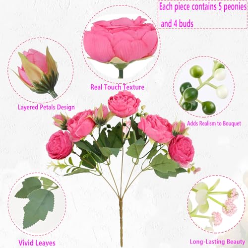 Peonies Artificial Flowers 12 Bundles Pink Flowers Bouquet, Lifelike Silk Fake Peonies with Stems for Home Table Centerpieces, Wedding, Party & DIY Bridal Floral Arrangements (Rose red) - color: Rose Red