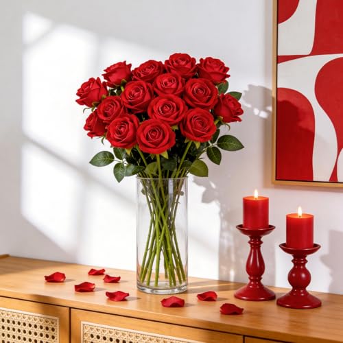 15PCS Artificial Flowers Fake Roses, Silk Artificial Red Roses with Stems Realistic Bouquets for Wedding Centerpiece Valentines Day Decorations Home Decor Party Crafts DIY - color: Red