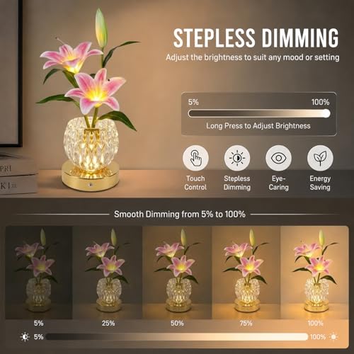 Lily Flower Lamps, 3 Colors Touch Stepless Dimming Glass Night Light, Rechargeable Artificial Flower Light, LED Flower with Vase Lamp Romantic Decor for Date Party Home (Pink - Lily) - color: Pink - Lily