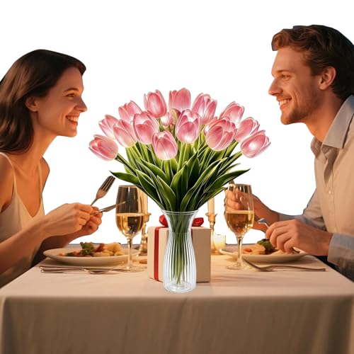 15pcs LED Lighted Artificial Flowers Tulip Lamp with Vase Real Touch Tulips Faux Flower Lights for Valentines Day Gift Easter Home Kitchen Wedding Dining Table Decor (Pink) - color: 15pcs Pink