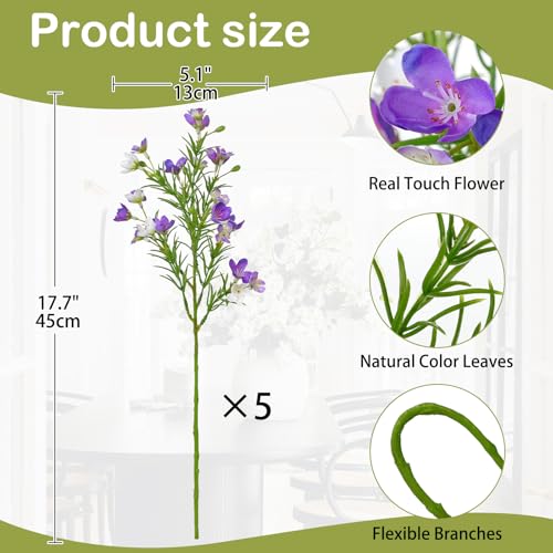 18inch Purple Artificial Flower with Stems, Silk Spring Flower Wildflowers Bouquet Summer Fake Flowers for Home Wedding Party Table Centerpieces Easter Decoration, 5PCS - color: Purple