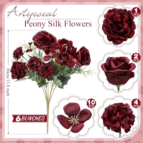 Wavwavw 6 Pcs Artificial Peony Silk Florals Fake Mix Silk Peony Rose Faux Flower Hydrangea Bouquet Elegant Realistic Wedding Floral Centerpiece for Home Party Table Arrangement (Red) - color: Red
