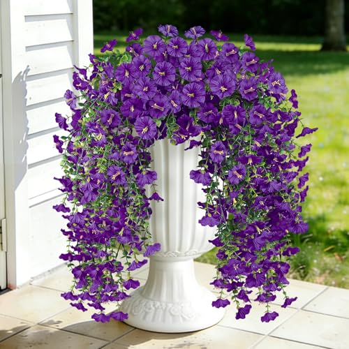 Artificial Hanging Flowers for Outdoors, 2PCS 300 Blooms UV Resistant Morning Glory Vine Fake Flowers with Eucalyptus, Realistic Silk Faux Hanging Plants Decorations for Planter Porch Patio (Purple) - color: Purple, size: 2PCS