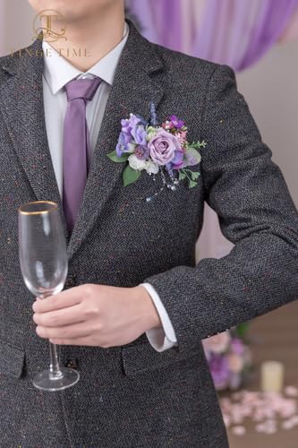 TINGE TIME Luxury Groom Boutonniere for Wedding, 1 PCS Pocket Boutonniere for Men, Artificial Corsage for Wedding, Prom, Homecoming, Anniversary, Graduation (Violet&Mistyrose) - color: Violet & Misty Rose
