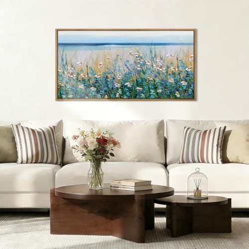 Large Blue Seaside Cyan Floral Wall Paintings Wildflowers Blossom Art Prints Framed Blue Flowers Artwork Floral Wall Art Wildflower Wall Pictures for Living Room Bedroom 20x40 Inch - color: Blue Wildflower, size: 24"L x 16"W