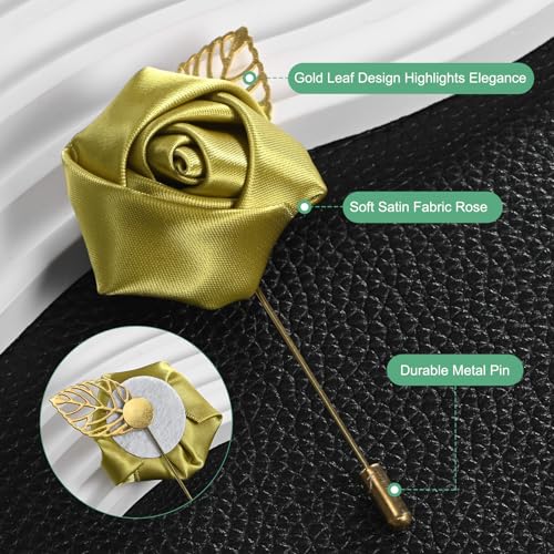 M METERXITY 1-Pack Flower Lapel Pins for Men, Golden Leaf Rose Boutonnieres Pin Groom Boutonnieres for Wedding/Dance/Party, Men Lapel Pins for Suits Satin Flower Corsage [Gold] - color: Gold