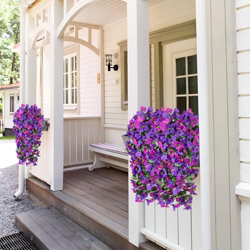 2 pcs Artificial Faux Bougainvillea Flowers Plants for Outdoor Outside Summer Decoration, Fake Silk UV Resistant Long Trailing Vines for Front Door Porch Planter Balcony, Deep Purple Deep Lotus - color: Dark Purple Dark Lotus
