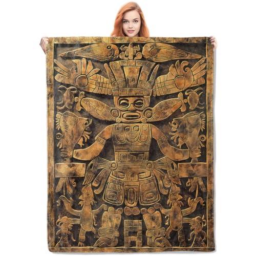 Ancient Tribal God Fleece Blanket Gifts, Exquisite Mayan Artwork Design, Soft Throw 40x50 inches, Historical Decor - Deep Gold and Black - color: Color447, size: 40"x50"
