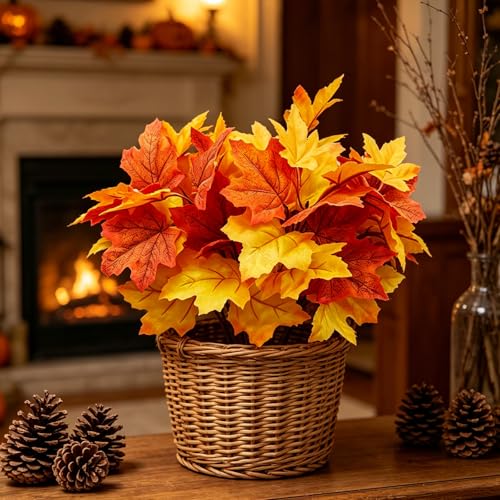 6 Pcs Artificial Maple Leaves Branches Fall Flowers 12 Inch Faux Fall Foliage Autumn Stems for Thanksgiving Table Centerpiece Harvest Home Decor Vase Filler - color: Orange 2