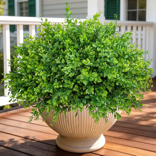 20 Bundles Artificial Plants Fake Greenery for Outdoor Spring Summer Decoration, UV Resistant Realistic Faux Shrubs Stems No Fade Plastic Boxwood for Planter Garden Patio Balcony Porch Backyard Indoor - color: Green 20